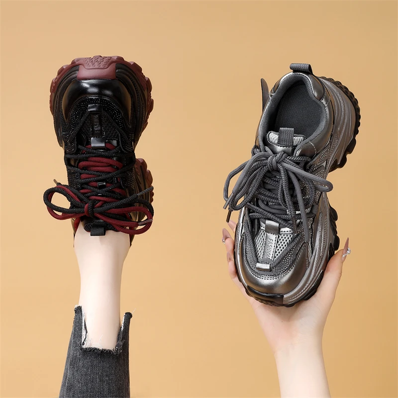 增高休闲中跟厚底女鞋2025新款春季时尚休闲鞋透气网面百搭老爹鞋