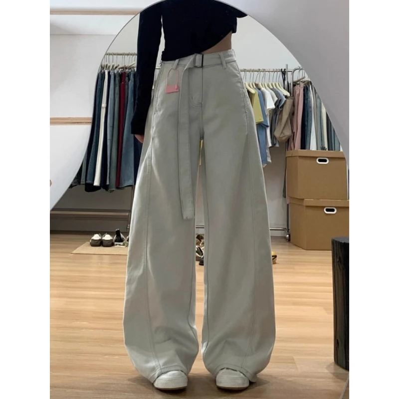 大码灰色绑带弯刀工装牛仔裤女春季设计感宽松阔腿显瘦直筒拖地裤