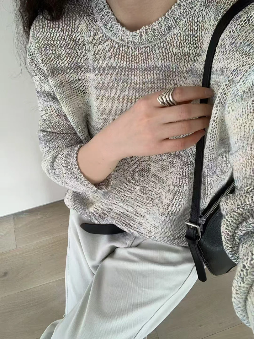 韩货秋季极简风杂色渐变镂空针织衫 宽松薄款设计感圆领套头上衣