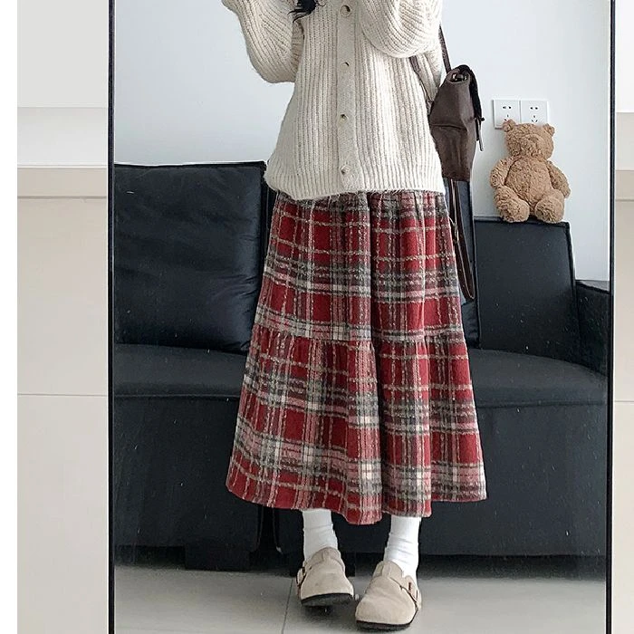300斤中长款红色格子长裙宽松显瘦山本风半身裙显瘦百搭ins日系潮