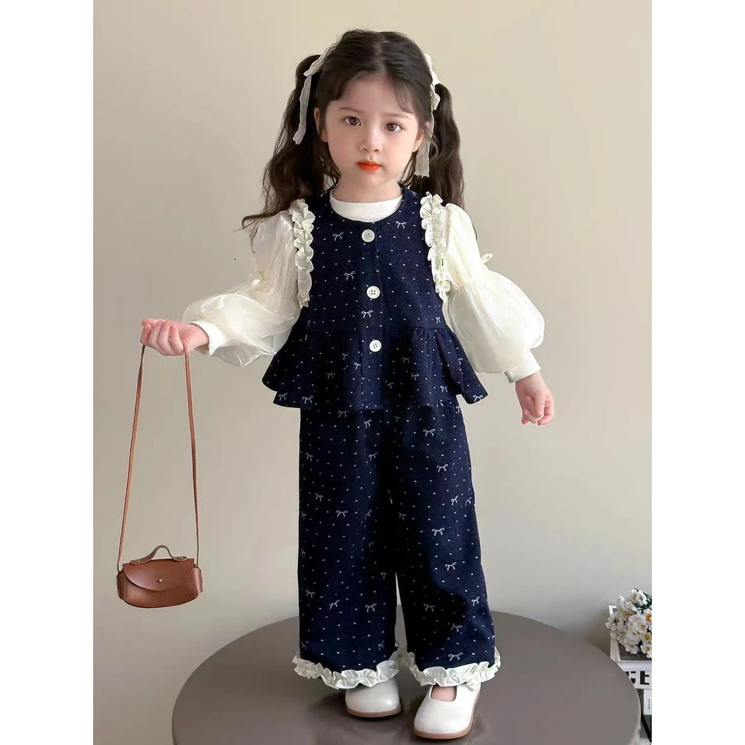 56095女童圆点秋季2025新款儿童韩版时尚女宝宝秋装休闲三件套