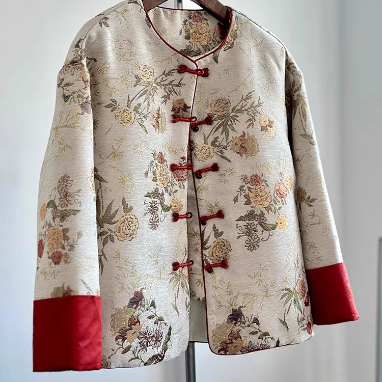 新中式国风棉服女冬季加厚提花外套改良唐装棉袄复古盘扣外套