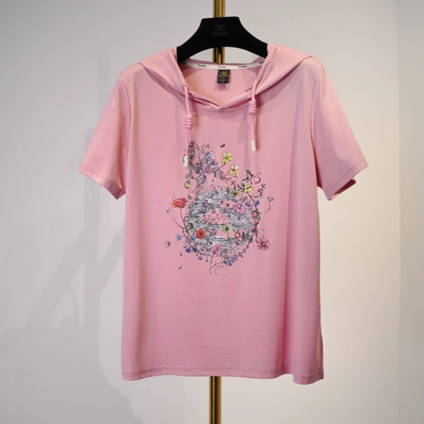 浅粉花园带帽短袖】夏季新款高档洋气穿搭显瘦女士出行T恤时髦帽衫