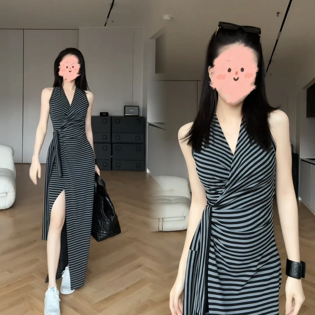 连衣裙女2025夏设计感小众条纹无袖V领显瘦收腰开叉长裙子ins潮