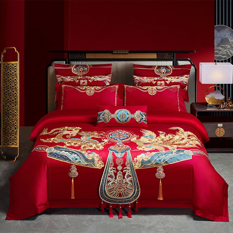 2025新款双面长绒棉新中式婚庆多件套喜庆喜庆红高端绣花绣花艺