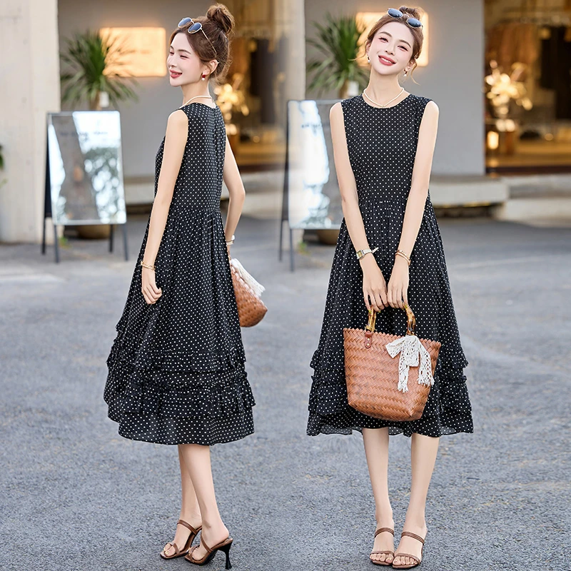 时尚波点背心连衣裙女2025夏季新款气质收腰无袖洋气中长款裙子