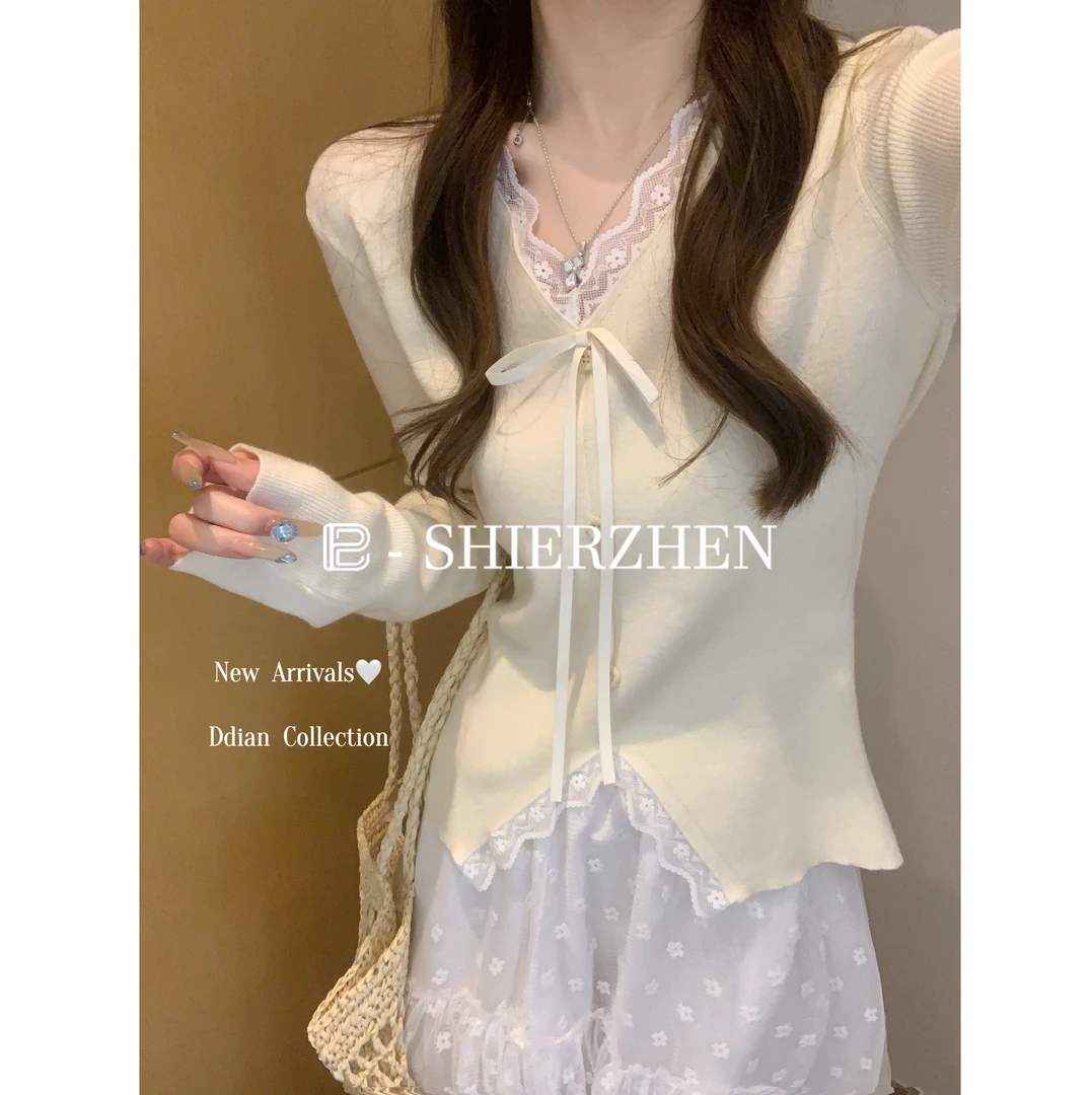 2025早春韩版蕾丝拼接蝴蝶结V领设计感百搭显瘦长袖针织衫上衣女