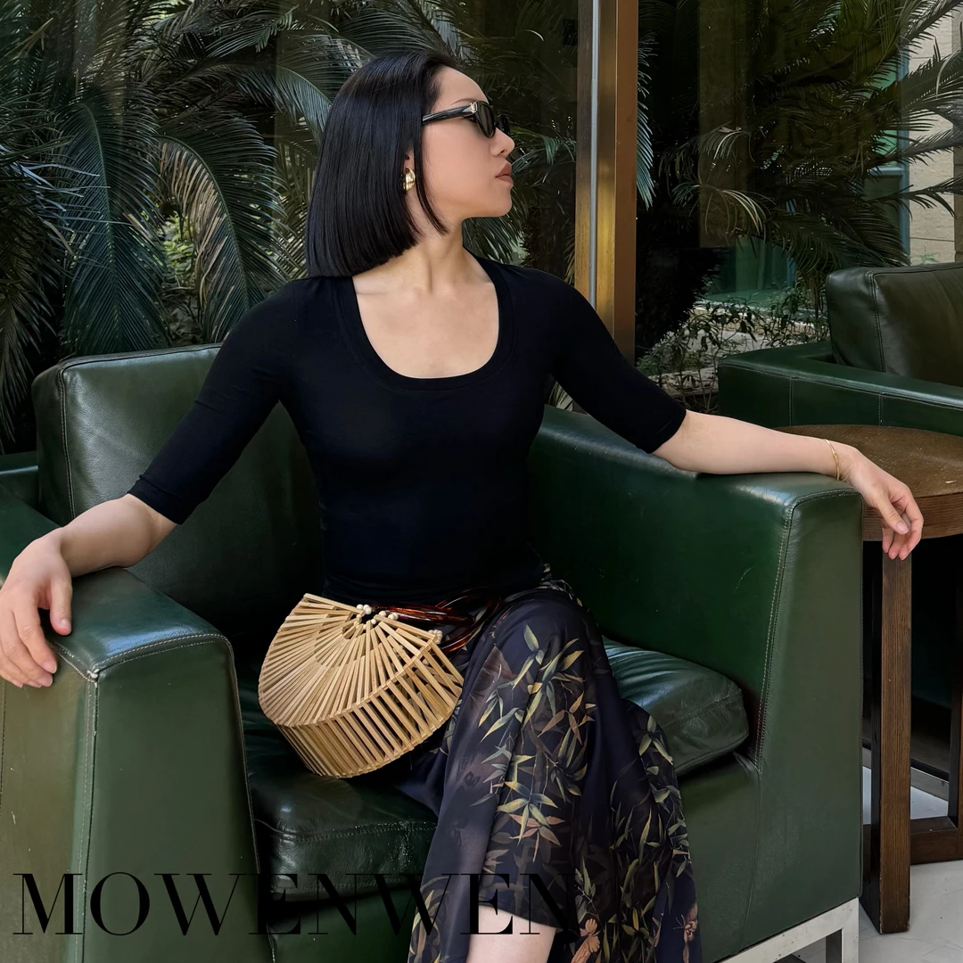 莫文文25春夏莱赛尔纤维U领五分袖修身短袖T恤女气质修身显瘦上衣