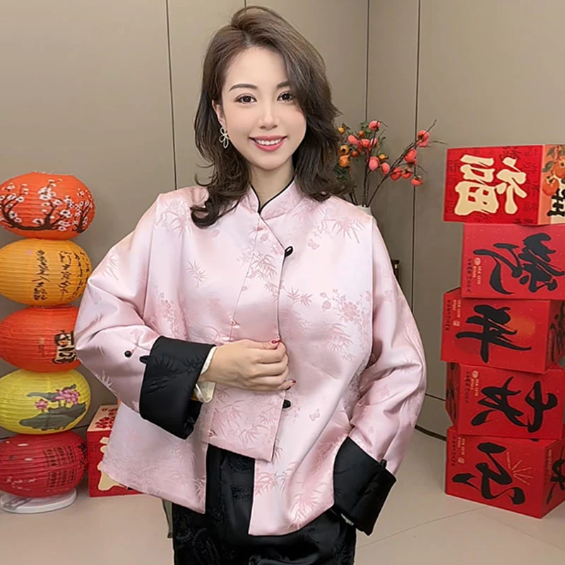 新款立领长袖外套提花高档斜襟上衣1313