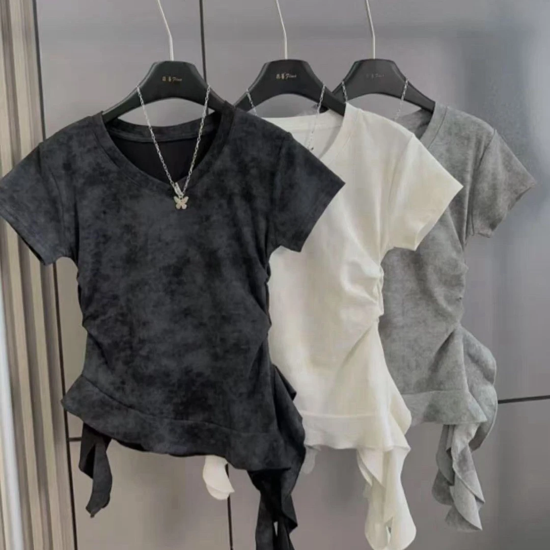 纯棉短袖t恤女荷叶边夏季新款V领修身收腰显瘦下摆不规则洋气上衣