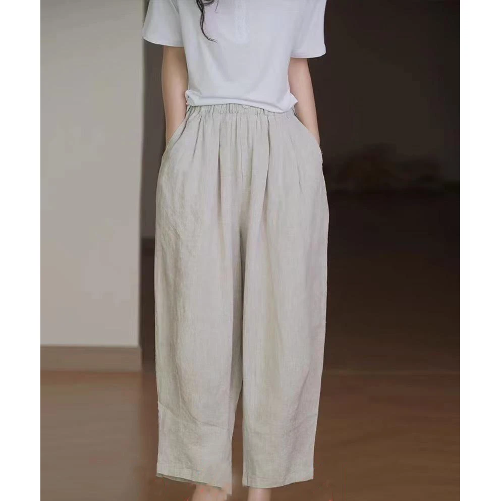 清 清 清」忝然造物！呼吸感亚麻/舒适透气高腰垂感休闲裤D40035