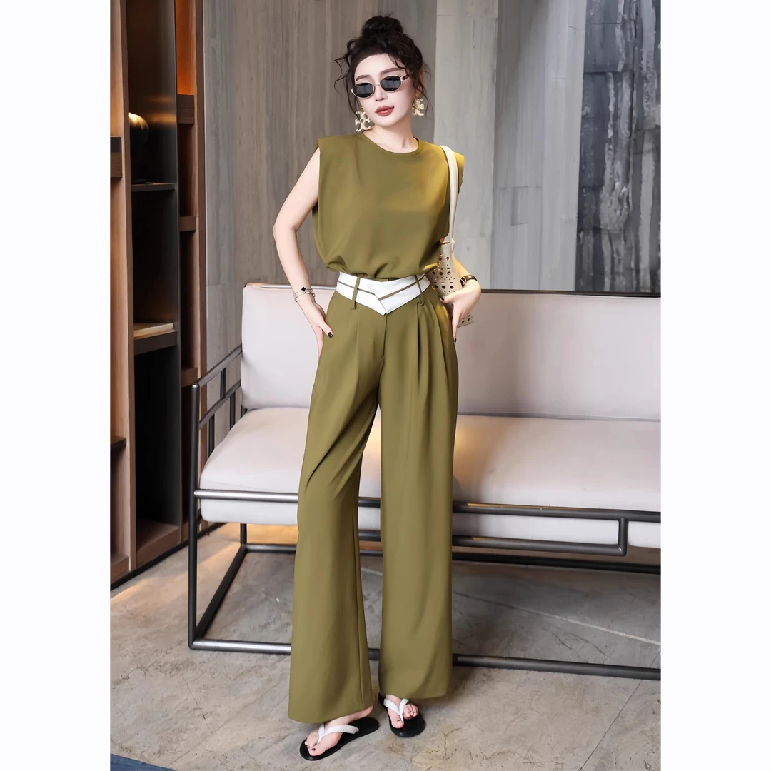 高级感2025夏季看简约气质通勤遮肉显瘦背心时尚套装阔腿裤两件套