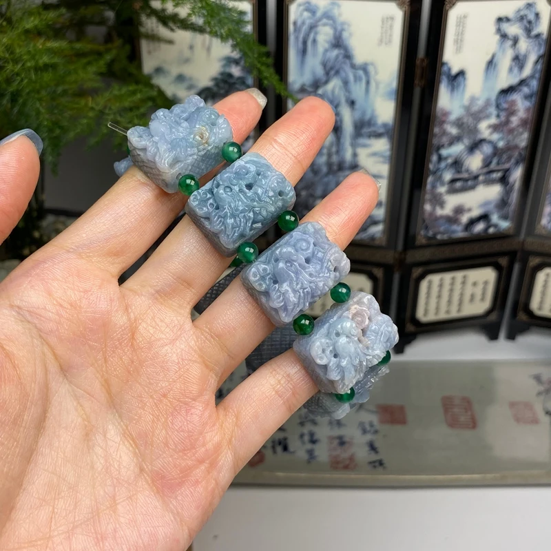 毛货 蓝紫紫罗兰洒金飘花九龙方形手牌手串 天然翡翠A货