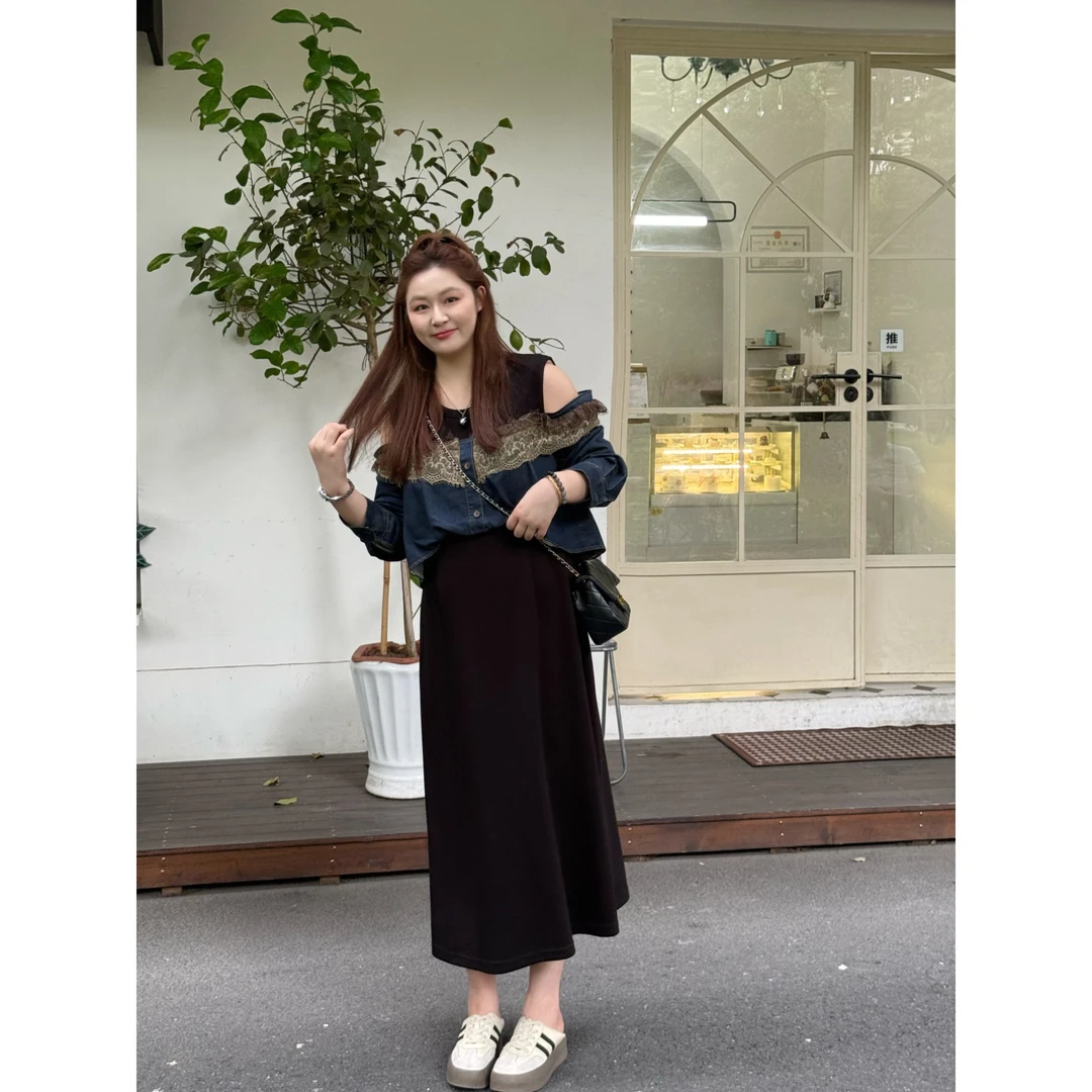 楠序【一眼沦陷】源子微胖女装 2025年秋装牛仔拼接连衣裙YZ37353