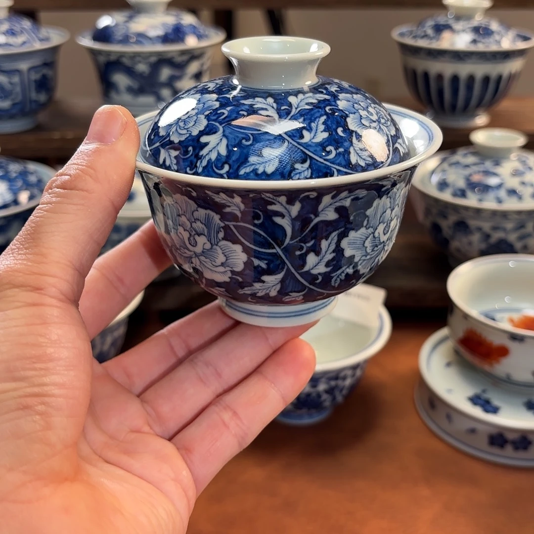 会***糖景德镇纯手工手绘反向牡丹盖碗