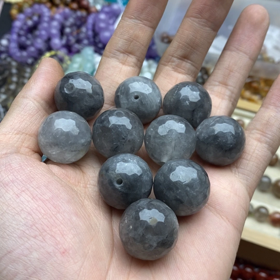 玛瑙/玉髓未镶嵌珠宝半成品一颗天然20mm灰水晶切面圆珠