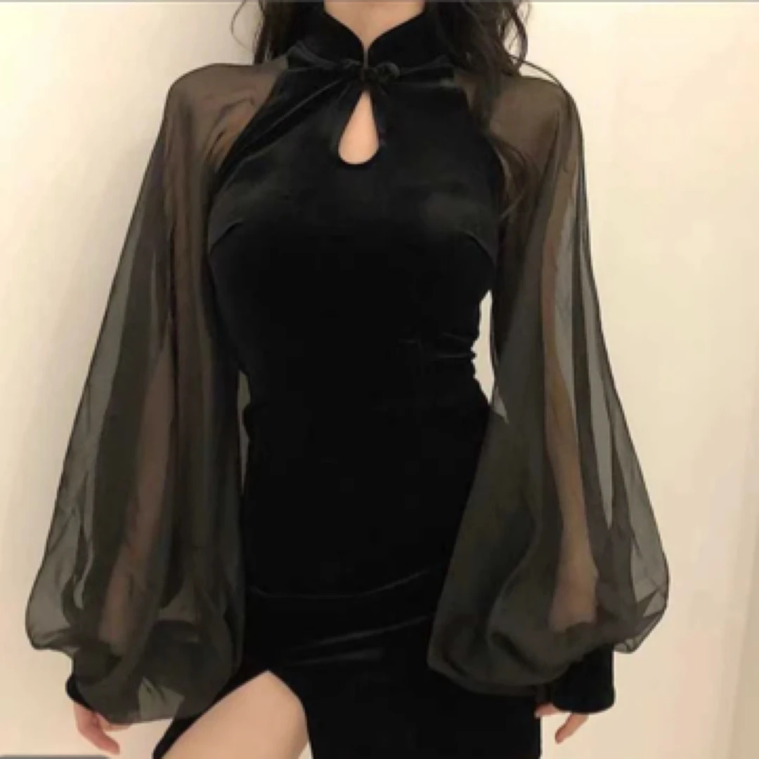 【开衩】短款大码女装丝绒显瘦连衣裙性感雪纺灯笼袖改良旗袍3371