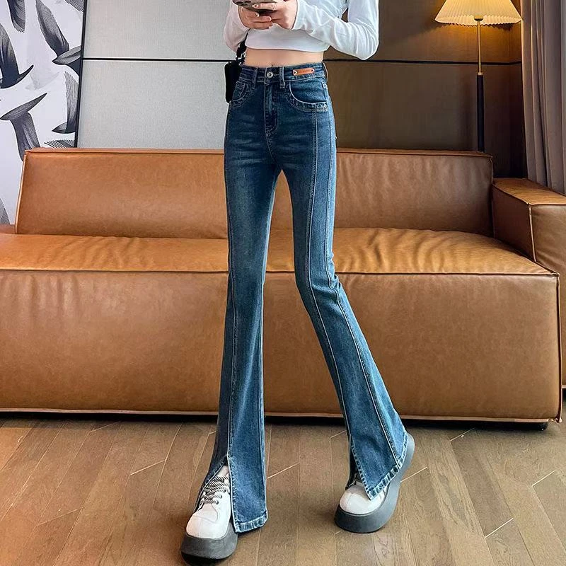唐狮高腰女喇叭裤牛仔裤秋开叉显瘦裤子开叉休闲弹力128222083715