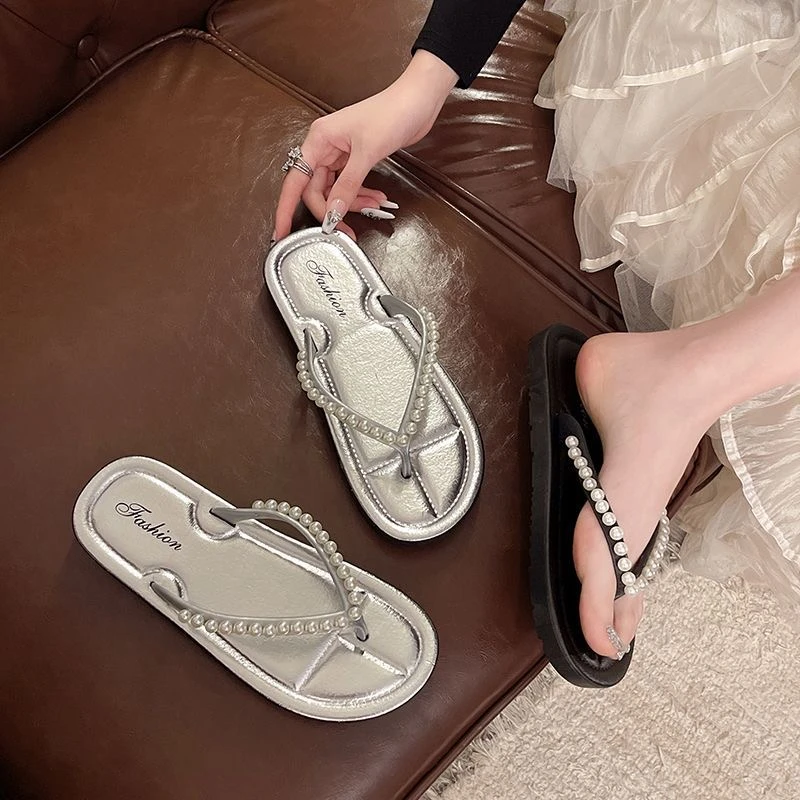 2025新款韩版珍珠拖鞋女软底沙滩休闲厚底度假百搭防滑可外出穿