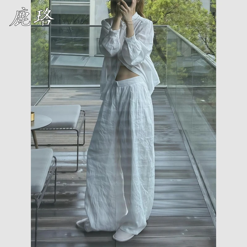 2025超火夏装松弛感慵懒休闲 度假风白色防晒亚麻衬衫阔腿裤套装