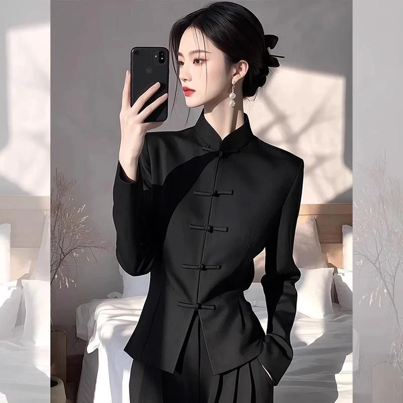 新中式国风盘扣衬衫黑色长裤两件套女2026春季新款高级感气质套装
