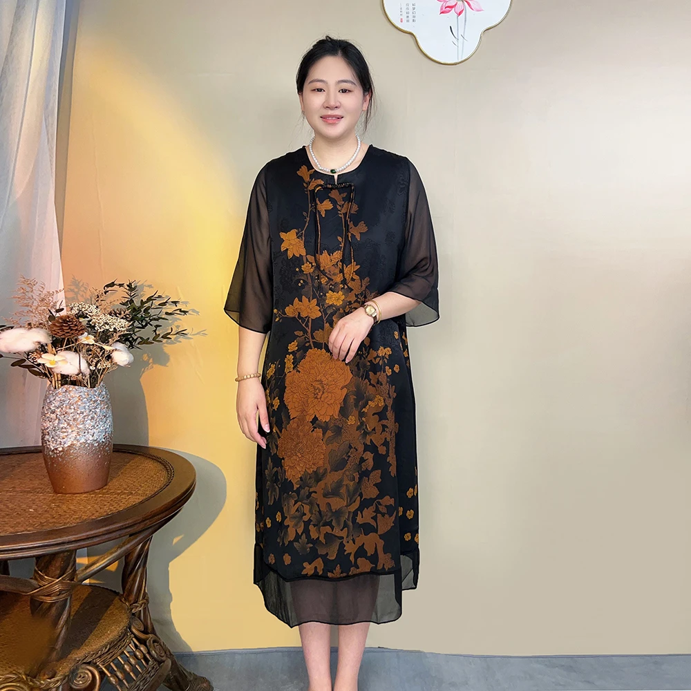 【雍容华贵】新中式中年女装妈妈连衣裙夏季提花宽松洋气改良旗袍裙