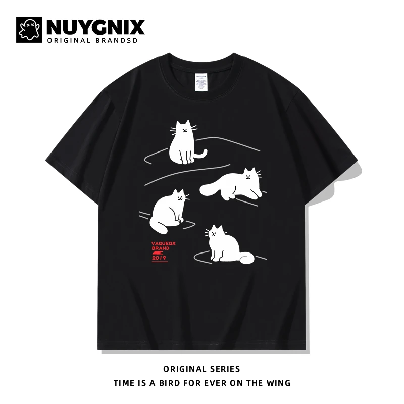原创小众设计感可爱猫咪印花短袖T恤男女夏季宽松百搭纯棉体恤衫