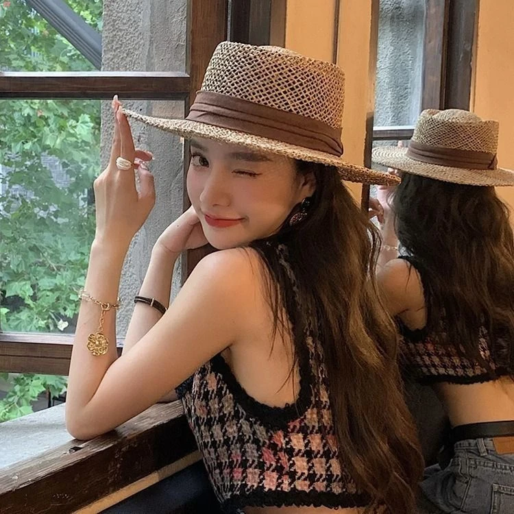 GF2025夏季新款法式平顶礼帽咸草编织草帽网红百搭时尚沙滩度假