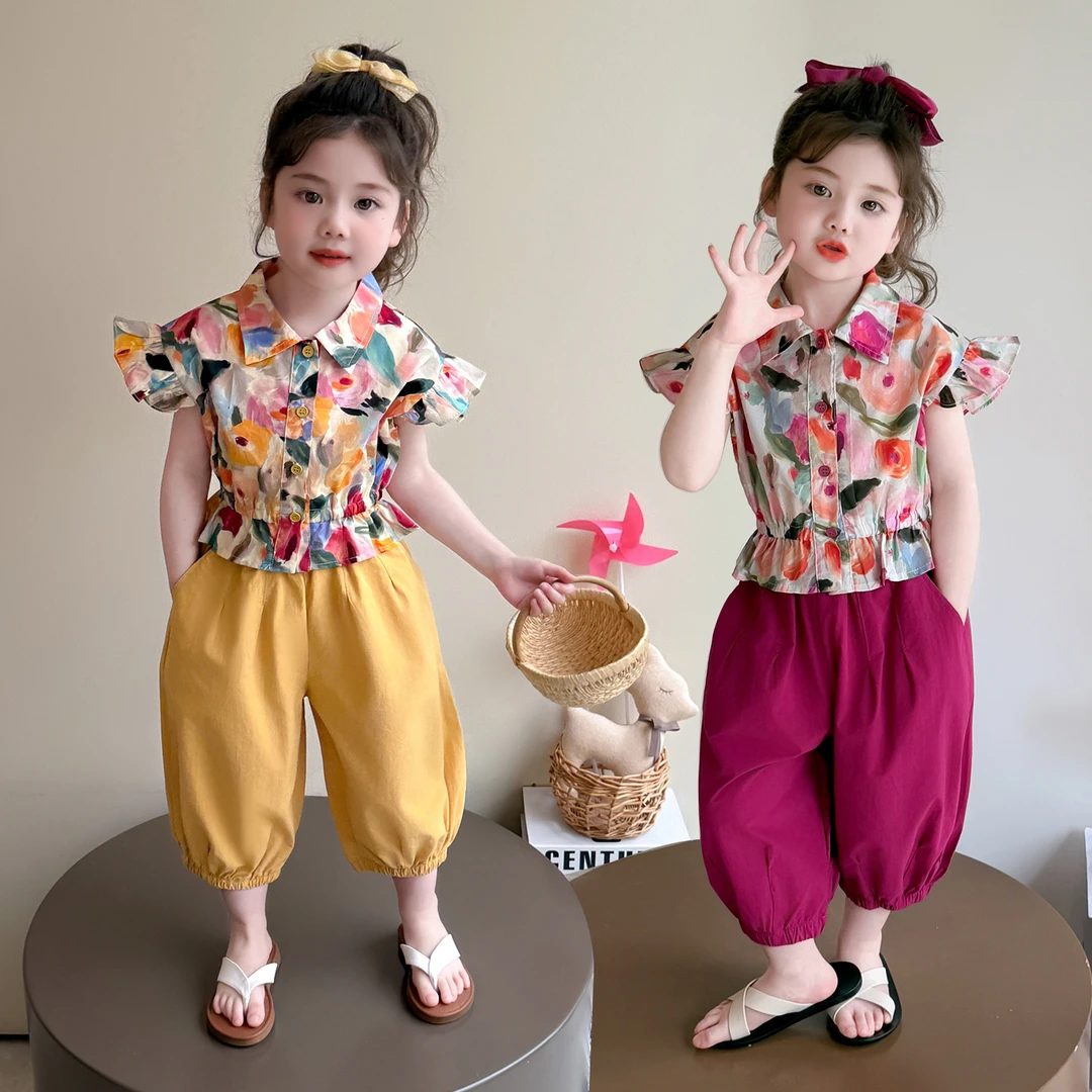 女童套装洋气儿童碎花衬衫灯笼裤子两件套小女孩宝宝夏装2025新款