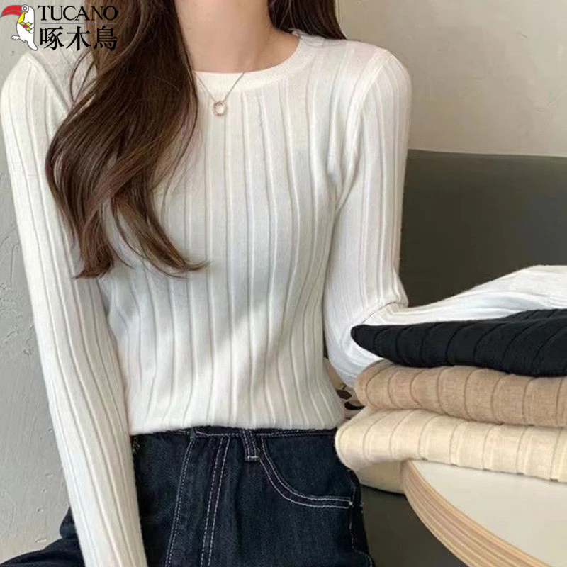 啄木鸟新款针织衫上衣女款修身显瘦流光风早秋套头长袖百搭打底衫