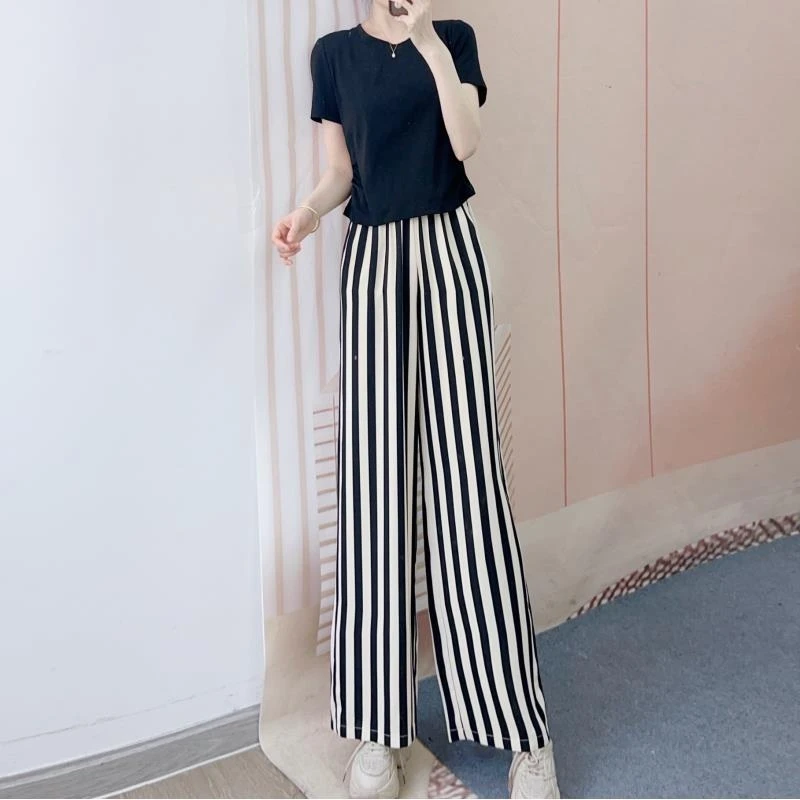 085休闲短袖T恤+条纹阔腿直筒裤两件套裤1085/GP