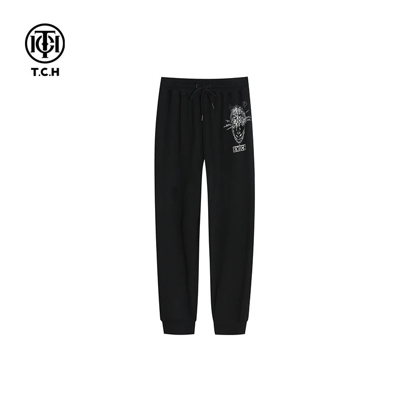 奥莱-重工烫钻抽绳针织舒适时尚春夏印花黑色通勤长裤T66A206112