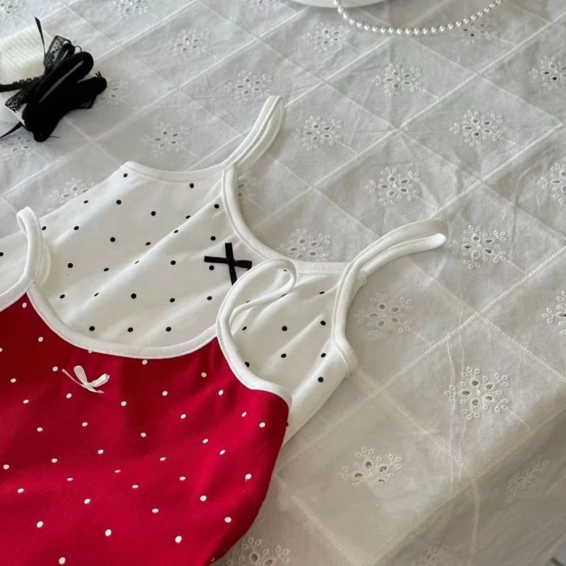 女童背心吊带T恤夏新款洋气宝宝打底衫波点花边儿童无袖吊带上衣