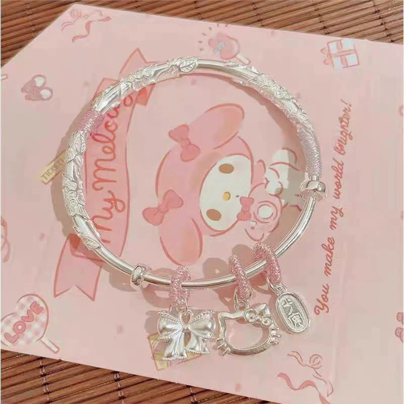 足银手镯 七夕情人节礼物繁花KT猫999银手镯女hello kitty送女友