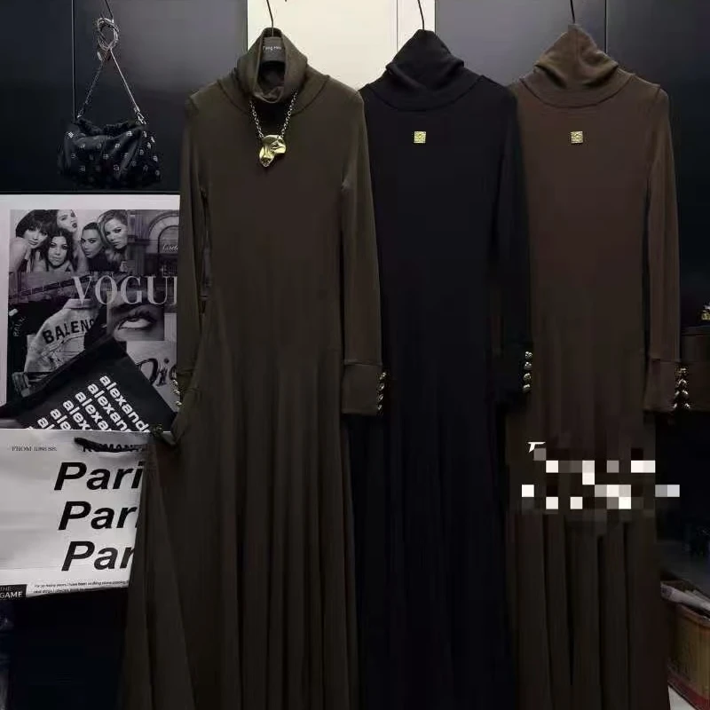 （莉莉家）胖mm冬季高领长裙打底纯色显瘦连衣裙