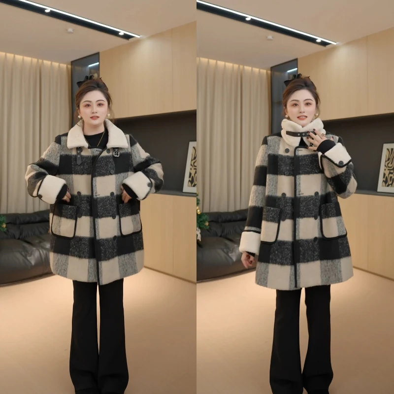 【胖佳佳】椰椰奶盖 加厚格纹外套羔毛拼接夹棉大衣女H624M17502