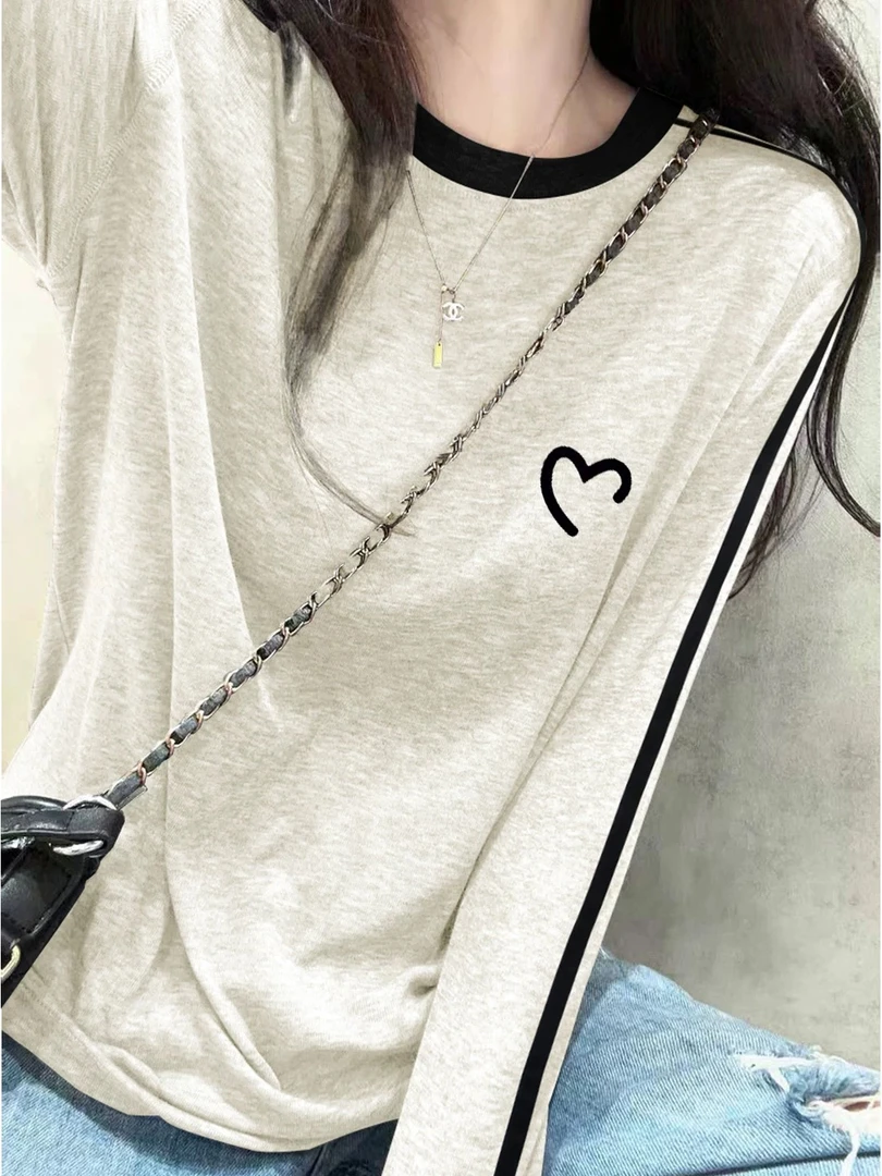 2025春秋条纹正肩92棉长袖撞色T恤女设计感宽松显瘦洋气打底上衣