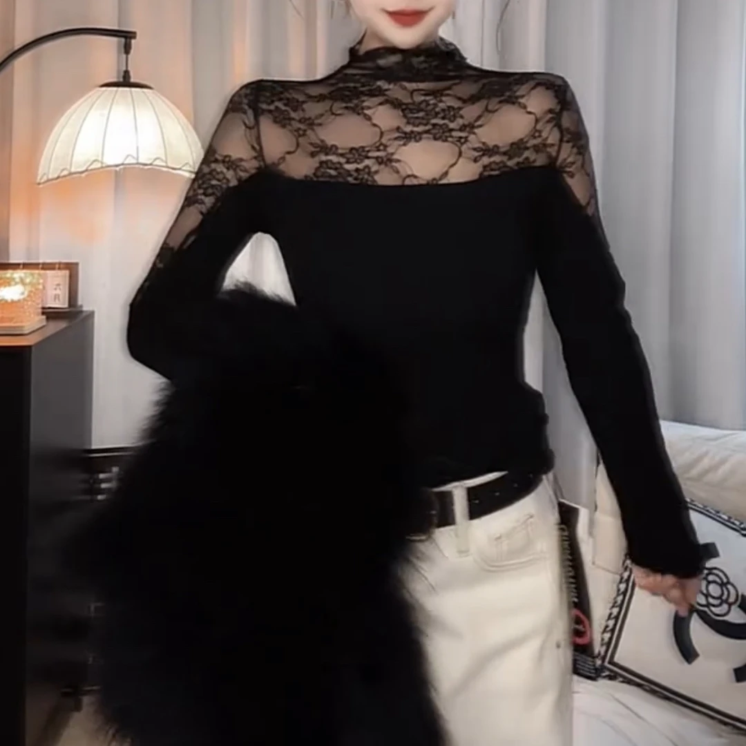 轻奢高级感蕾丝网小高领拼接长袖性感打底衫