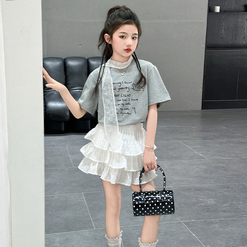 女童夏装套装裙子2025新款儿童洋气时髦T恤女孩夏季蛋糕裙两件套