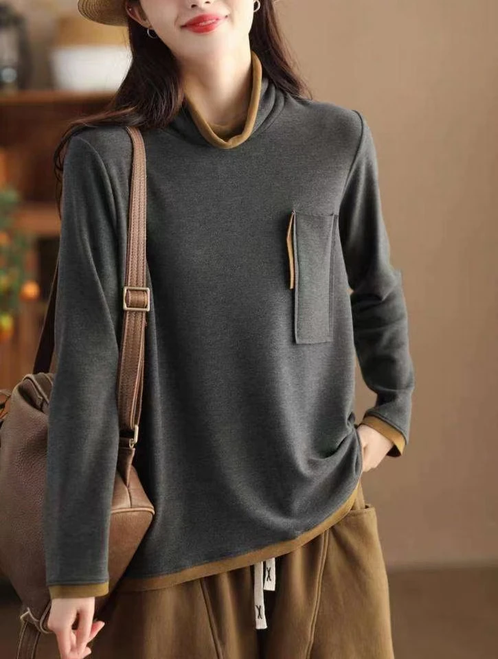 23女装春秋长袖宽松德绒半高领纯色假两件