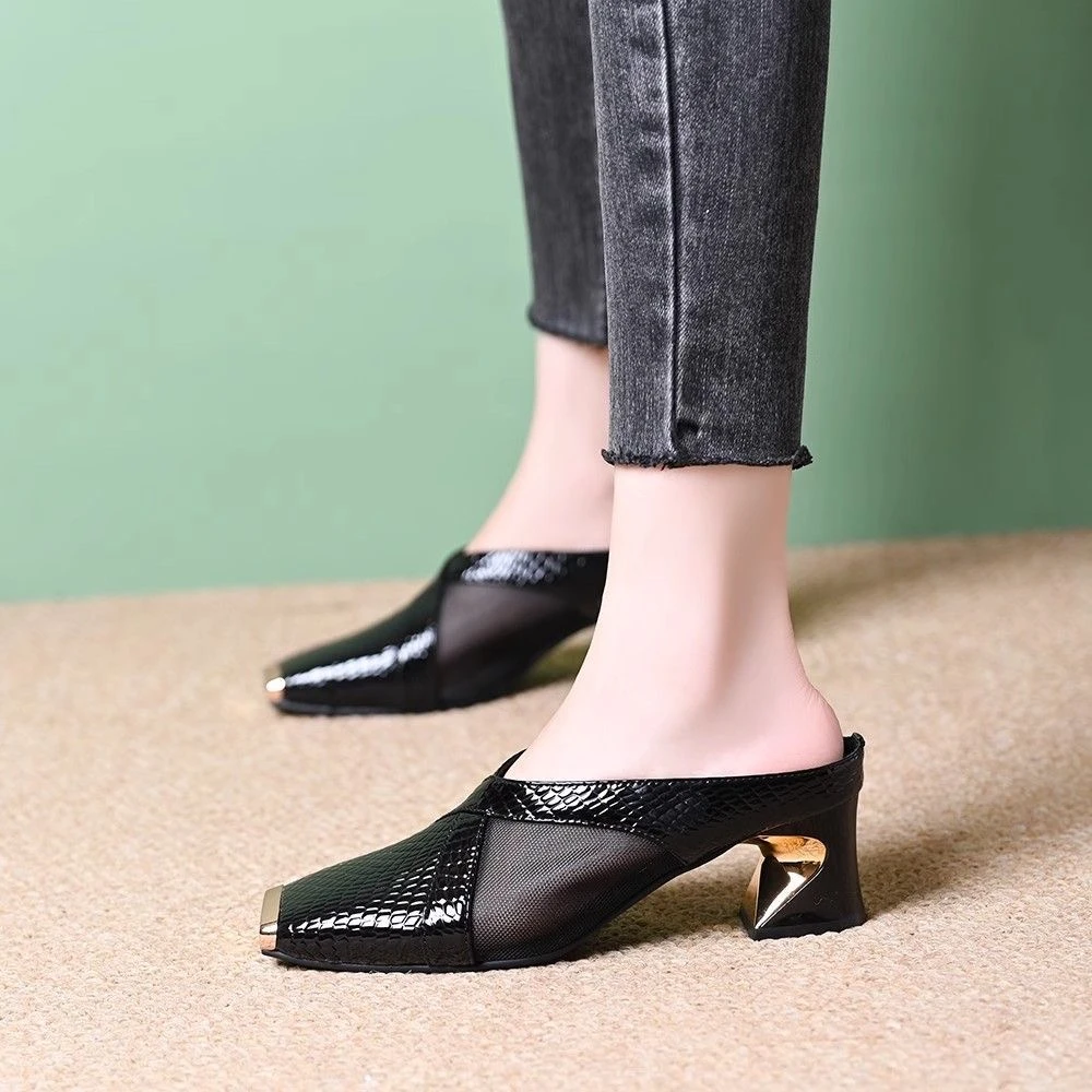 品牌断码夏季方头气质粗跟时尚气质中跟铁包尖舒适真皮包头凉拖鞋