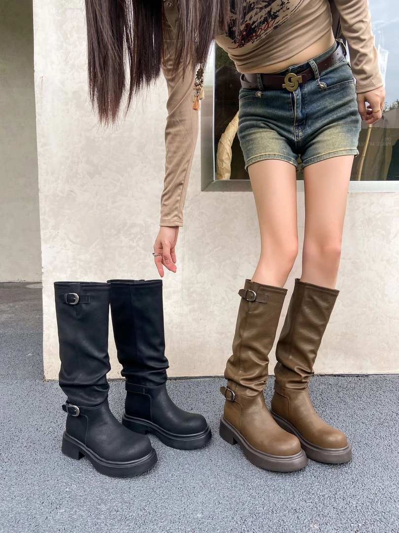 羊皮~小个子增高长筒复古褶皱堆堆2025新款厚底增高马丁靴女