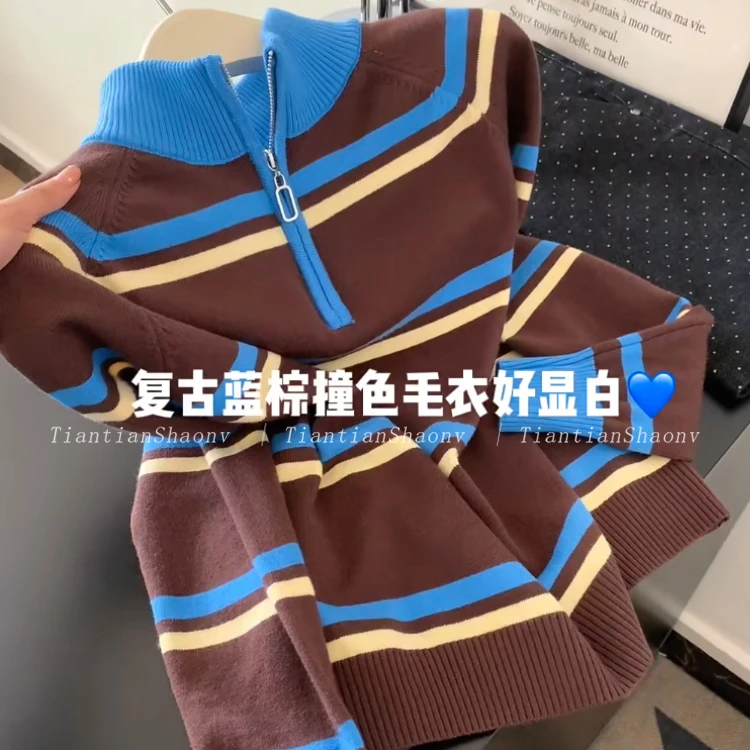 自留款推荐~复古半拉链立领条纹针织衫女冬季新款学院风显瘦毛衣