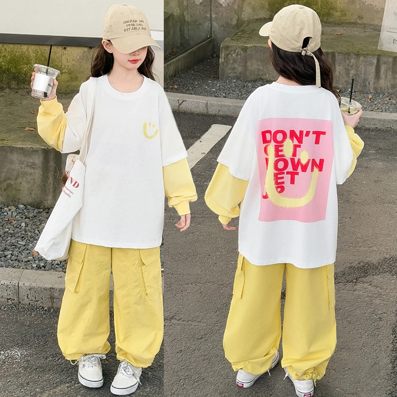 女童套装春秋款2025新款儿童休闲卡通假两件卫衣运动工装裤两件套