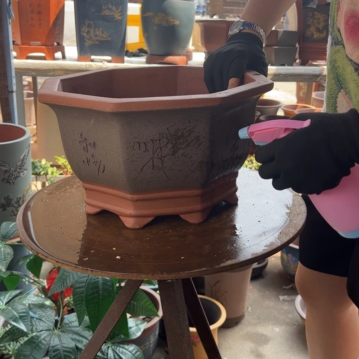 宜兴紫砂花盆35灰八方