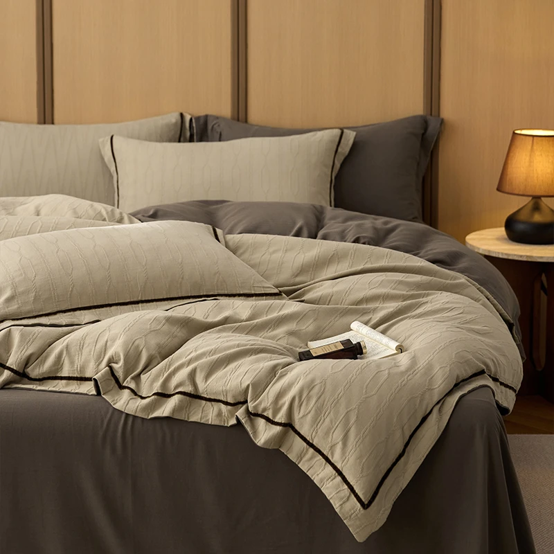 复古简约丨双拼色提花四件套纯棉全棉高级感床单被套四季通用床品