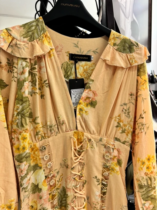 印花长袖时尚碎花收腰连衣裙复古气质长款长裙裙子