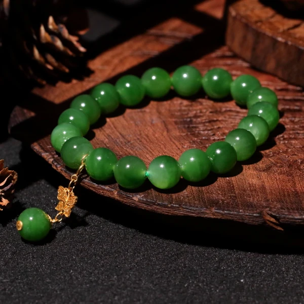 【M253】18k金配饰和田玉碧玉老料设计款圆珠手串