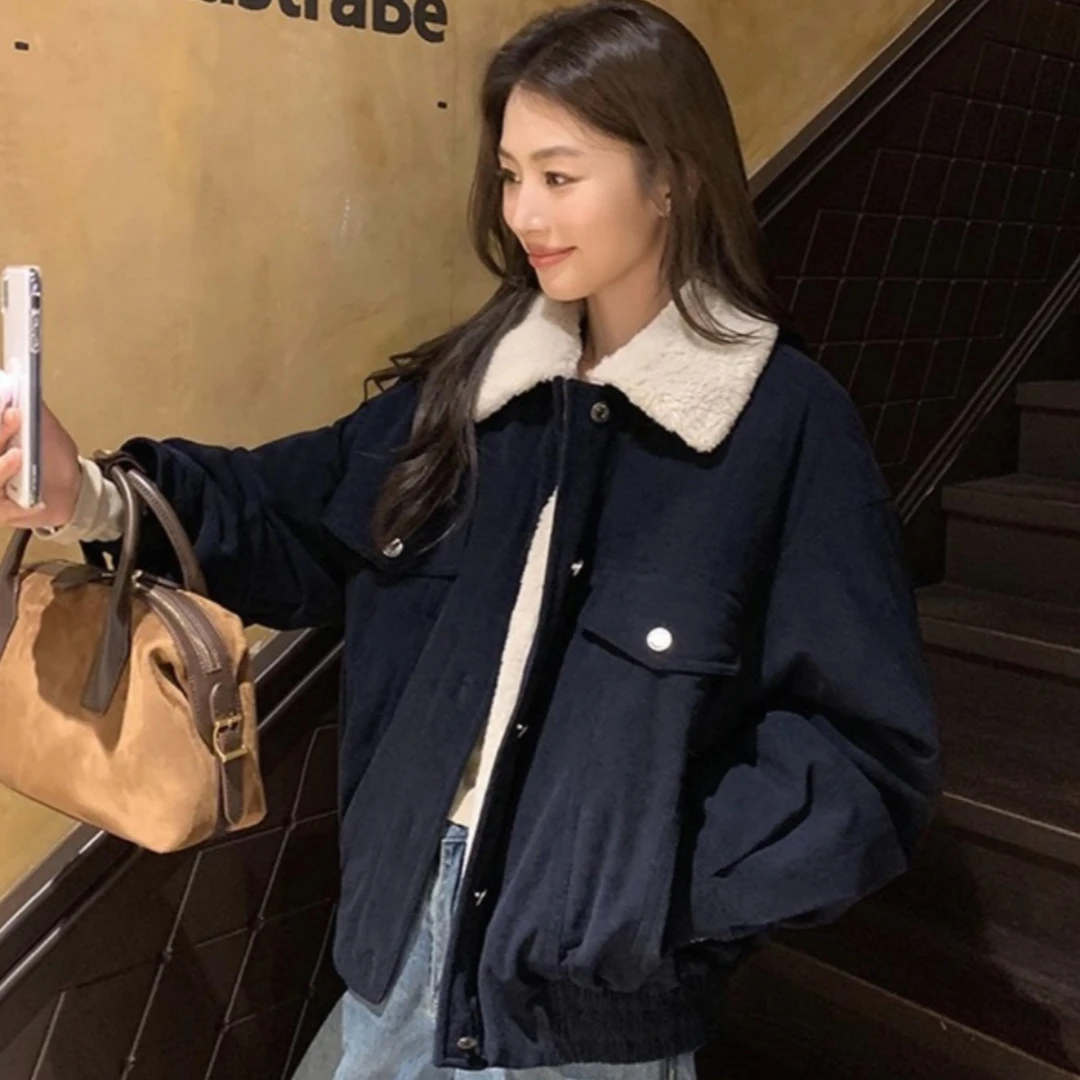 美式复古灯芯绒外套女秋冬仿羊羔毛保暖内胆可拆卸毛领工装女夹克