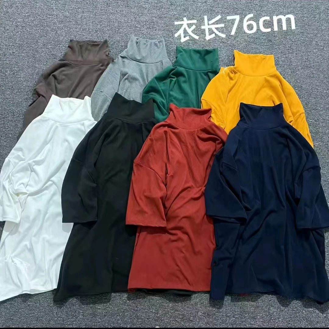 早秋款高领纯色净版坑条磨毛半袖大衫T恤